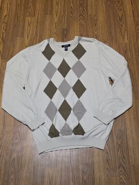 Claiborne Men’s XL NWT Beige Argyle V-Neck Cotton Pullover Sweater Classic Fit